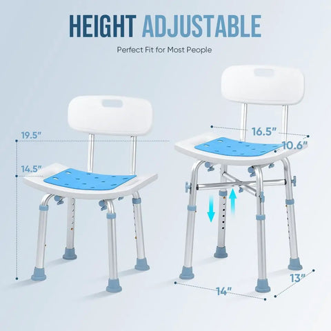 Heavy Duty Shower Chair With Back Support, 500 Lb Capacity, EVA Padded Bath Seat shown in height adjustable positions