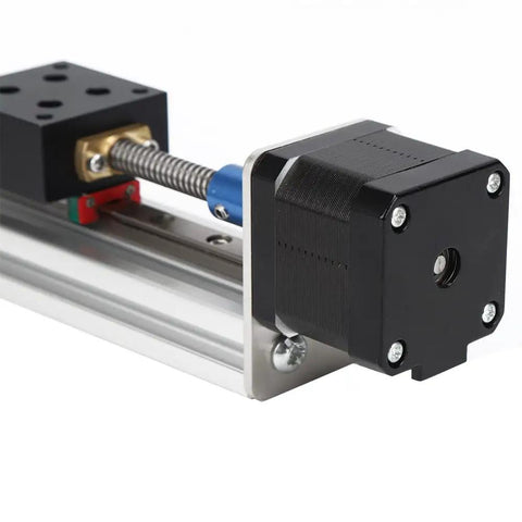 Pro Grade Electric CNC Linear Stage Actuator With 300mm Cross Sliding Table showing stepper motor and linear rail detail.