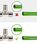 Diagram of One Quarter Inch Push To Connect Tee Fittings Nickel Plated Brass Quick Connect Set showing correct and incorrect connections