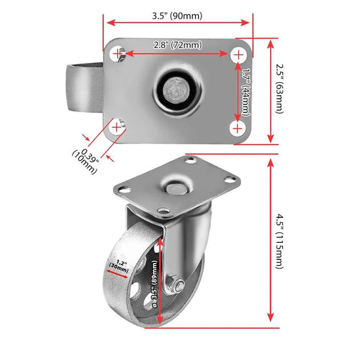 Kickass Heavy Duty Steel Swivel Casters 4 Pack 3.5 Inch Wheels 350 Lbs Locking Brakes Smooth Plate Rollers top view with measurements