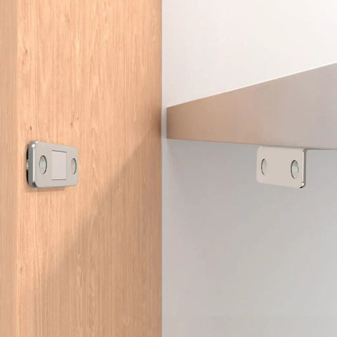 Magnet Cabinet Door Catch Kit With Hidden Stops No Drill Or Screw Mount Adhesive And Metal Latch installed on wood cabinet