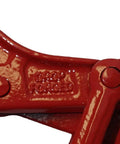 Close-up of red Beefy Forged Steel Lever Style Snap Chain Binder with bolt detail for Flatbed Truck Trailers 5/16-3/8 G70 Chain