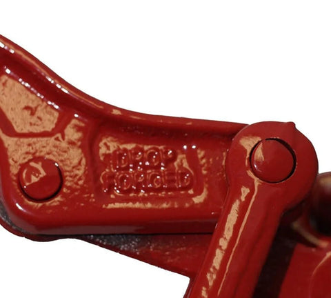 Close-up of red Beefy Forged Steel Lever Style Snap Chain Binder with bolt detail for Flatbed Truck Trailers 5/16-3/8 G70 Chain