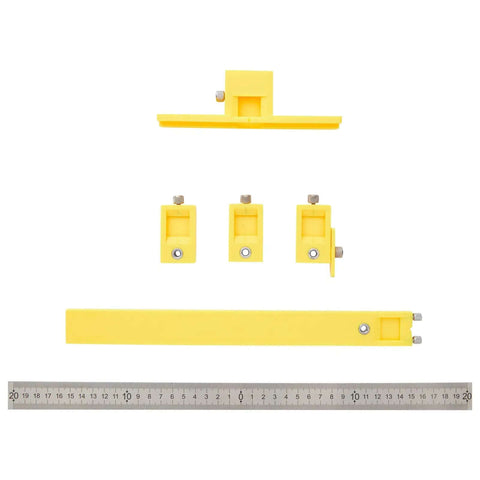 Adjustable Cabinet Hardware Drill Guide Jig With Quick Release Template For Doors And Drawers Bullseye Punch Locator Nail Straight Every Single Time Support Up To 16 Inch Pulls, features yellow metal components and ruler for measurement.