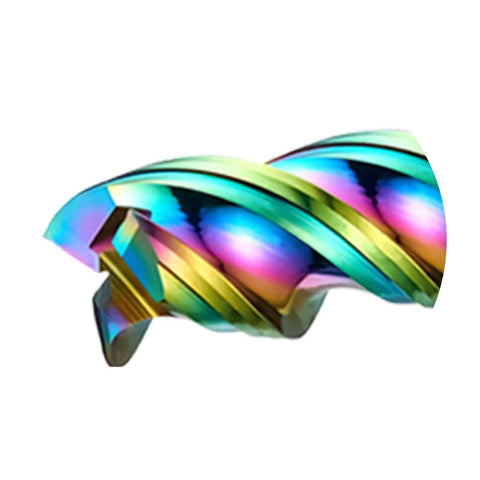 Close-up carbide end mill with rainbow DLC coating, 1/4" shank, 3-flute