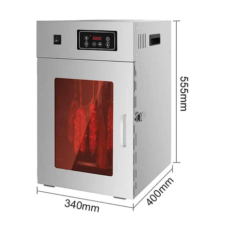 Rotary Meat Dryer And Commercial Food Dehydrator With 24 Hour Digital Timer For Sausage Bacon Chicken Jerky And Beef rustproof stainless steel design with front view and neatly hanging meat.