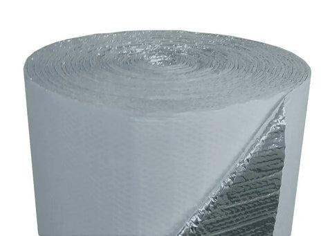 Rock Solid Double Bubble Reflective Foil Insulation R8 Thermal Barrier Roll 48 Inches by 100 Feet close-up view of rolled insulation.