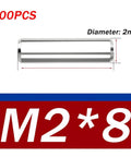 Front view of 2x8mm 304 stainless steel dowel pin, part of 304 Stainless Steel Dowel Pins Set Of 100 Precision Ground Alignment Rods For Machinery Fixtures CNC Tooling And Industrial Use 2x8 Heavy Duty Fit And Corrosion Resistant For Long Lasting Performance.