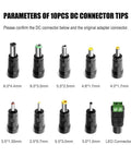 Image showing parameters of 10 DC connector tips for 12V Universal Power Supply for Sony PS4 PSVR PSVR2 and NAS Systems, MSI Monitors.