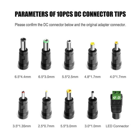Image showing parameters of 10 DC connector tips for 12V Universal Power Supply for Sony PS4 PSVR PSVR2 and NAS Systems, MSI Monitors.