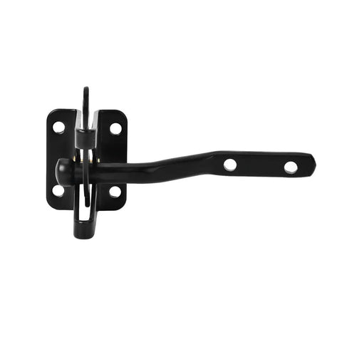 Close-up of Self Locking Gate Latch with post mount, automatic gravity lever, black steel, 4.7 inch, left or right hand install.