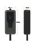 Roadtrip Ready Portable Charging Cable Seven Kilowatt 32 Amp Electric Vehicle Mobile Evse front and side view with dimensions.