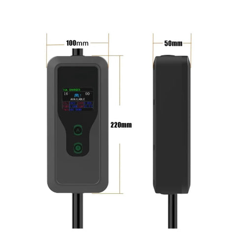 Roadtrip Ready Portable Charging Cable Seven Kilowatt 32 Amp Electric Vehicle Mobile Evse front and side view with dimensions.