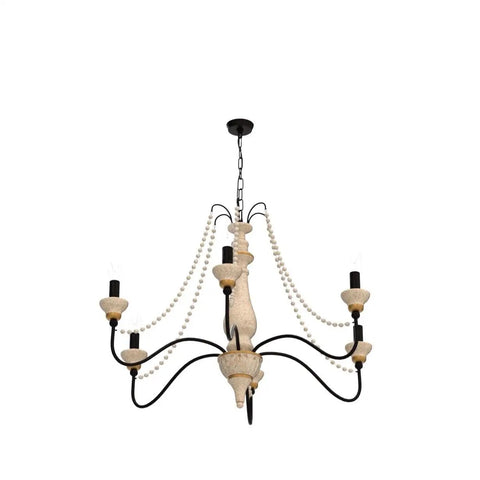 French Country Farmhouse Six Light Chandelier With Wood Bead Accents for dining room, distressed white wood, 29.5 in diameter