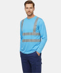 Heavy Duty Class Three High Visibility Long Sleeve Safety Shirt Loaded With Ansi Certified Reflective Tape Built Hella Tough For Your Daily Job Site Grind, light blue, worn by a man.