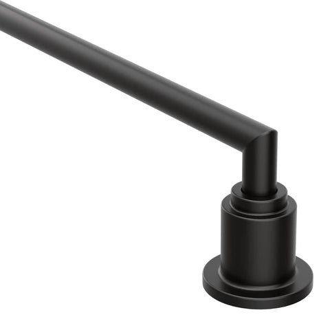 Close-up of Arris 18 Inch Modern Single Towel Bar Matte Black For Bathroom And Kitchen Use With Easy Install Durable Finish Keeps Towels Handy And Elevates Your Space With Dope Style, showing matte black finish and mounting detail.