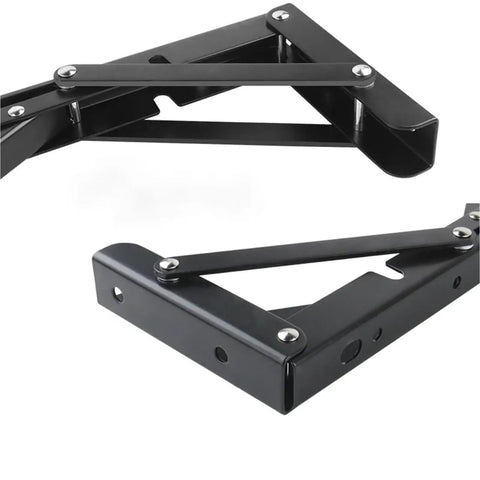 Two Pack Heavy Duty Folding Shelf Brackets Set, Triangle Wall Mounted Billy Brackets, 14 Inch Black, shown in folded position