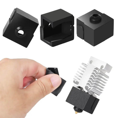 Ender 3 V3 SE Silicone Sock 4 Pack Hotend Block Cover Insulation for 3D Printer, black socks and installation view on hotend