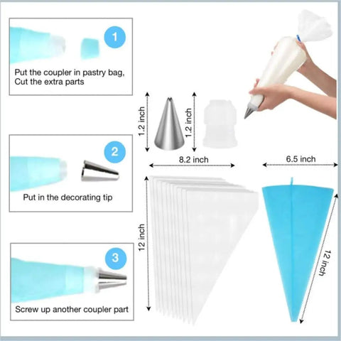 Illustration of piping setup with 345 Piece Cake Decorating Set With Pro Grade Stainless Steel Nozzles Rotating Turntable Piping Bags And Tips