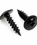 Black carbon steel Phillips truss head screws from the 180 Piece Tough As Nails Bundle, ideal for wood and metal applications.