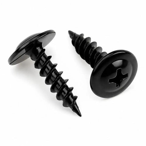 Black carbon steel Phillips truss head screws from the 180 Piece Tough As Nails Bundle, ideal for wood and metal applications.