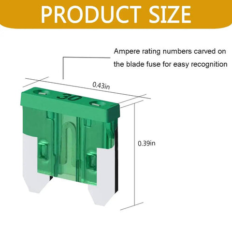 Premium Heavy Duty Universal Auto Blade Fuses Assortment Kit With Fuse Removal Tool, showing a 30A green blade fuse with dimensions.