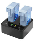 Fast 72W Dual Port Battery Charger for DJI Mini 3 Pro and Mini 4 Pro Series with two batteries on smart charging station