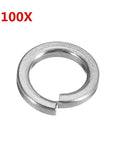 Close-up of one washer from 100 Pcs M4 304 Stainless Steel Split Lock Washers Set, Spring Washers For Fasteners, Heavy Duty Load Distribution