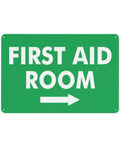 First Aid Room sign with right arrow, green background, text in white, rectangular metal sign