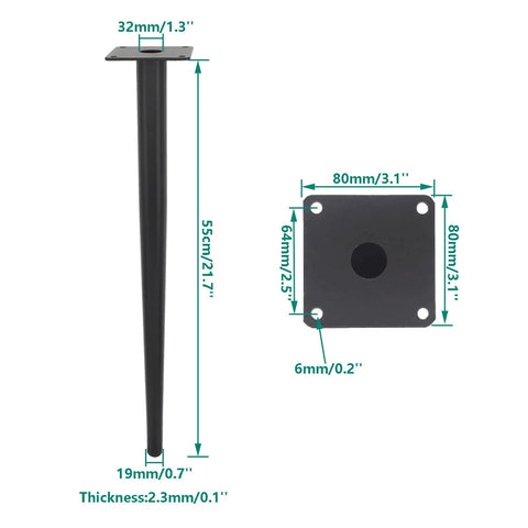 Heavy Duty Round Tapered Iron Furniture Legs 4 Pack Black 55cm High 22 Inches Built To Last 440lbs Per Leg measurements diagram
