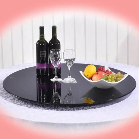 Smooth As Butter Black Tempered Glass Lazy Susan Turntable Built Different Heavy Duty Rotating Serving Tray For Dining Tables with wine and fruit.