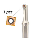 Close-up of a single-edge U-drill with a replaceable orange square insert beside a silver shank.