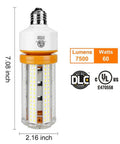 2 Pack 60W LED Corn Light Bulbs 7500 Lumen E26 Cool Daylight White, Replaces 600W Incandescent, with dimensions and certifications