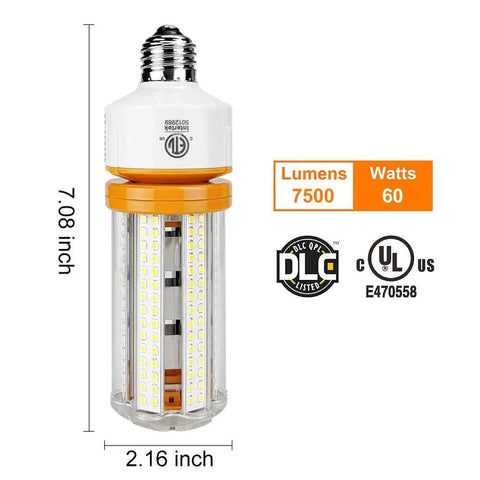 2 Pack 60W LED Corn Light Bulbs 7500 Lumen E26 Cool Daylight White, Replaces 600W Incandescent, with dimensions and certifications