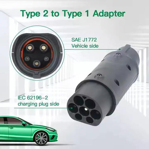 Top Tier Type 2 To Type 1 Ev Adapter With Hella Durable Ip55 Weatherproof Connector For 32Amp 7Kw Electric Vehicle Charging and connector details.