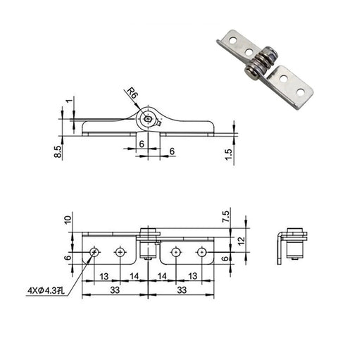 Stainless steel damping hinge with adjustable torque 1.5 N·m; mounting plate with four screw holes, 1 piece (XG11-006-L-1.5N.m)