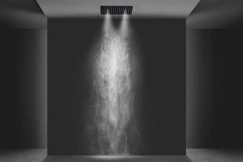 Top Shelf 16 Square Led Shower System With Brushed Nickel Thermostatic Controls For Rainfall Mist And Handheld Sprayers Heavy Duty Stainless Steel Frame With Temp Sensing Color Lights overhead shower mist in modern bathroom.
