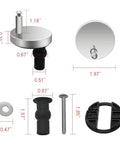 Universal Toilet Seat Quick Release Hinge Fittings Pair Stainless Steel Top Mount Nuts with measurements and components.