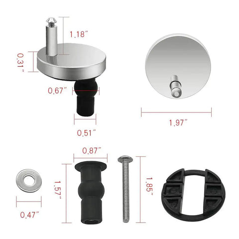 Universal Toilet Seat Quick Release Hinge Fittings Pair Stainless Steel Top Mount Nuts with measurements and components.