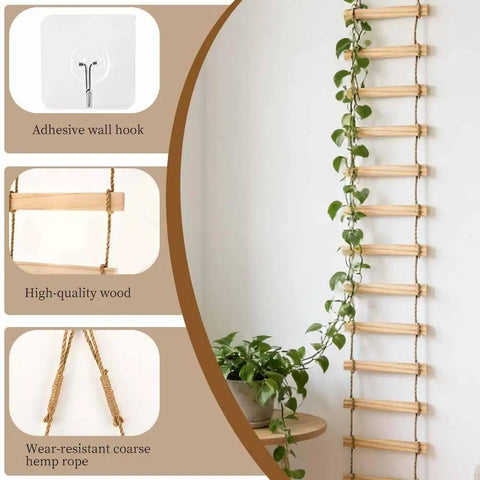6-Feet Extra Tall Wooden Ladder Plant Trellis For Indoor And Outdoor Use with vines, showing material and wall hook features