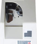 Heavy Duty Money Counter With Quiet Vacuum Suction And Large Lcd Screen Auto Fake Bill Detector top view showing control panel and bill slot.