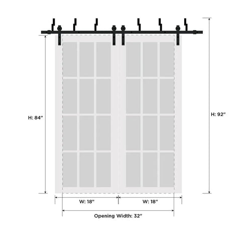 Diagram of Frosted Glass Sliding Barn Bypass Doors With Hardware Kit For Closet Modern Wood Finish Sturdy SixPointSixFoot Rails Two 18x96 Panels