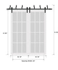 Top Shelf Double Sliding Barn Doors With Frosted Opaque Glass And Clean White Silk Finish Includes Beefy Six Foot Six Inch Steel Track Rig With Full Hardware Setup For 72InchBy96Inch Rooms, 84 inch height and 32 inch opening.