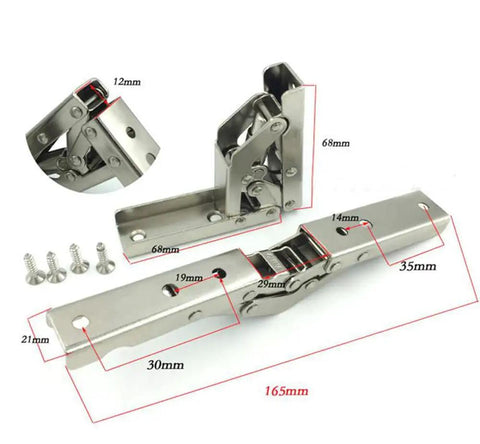Close-up of 90 Degree Folding Door And Shelf Hinge with Hidden Bracket Table Holder, shown with dimensions and mounting screws.