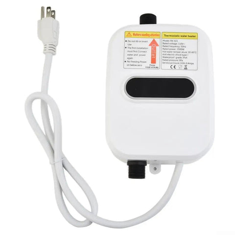 Instant Tankless Electric Water Heater 3500W With Lcd Display Compact Quick Heat Shower Tap For Bathroom And Kitchen No Sweat Ready In A Snap Hassle Free Flow Control, top view with power cord.