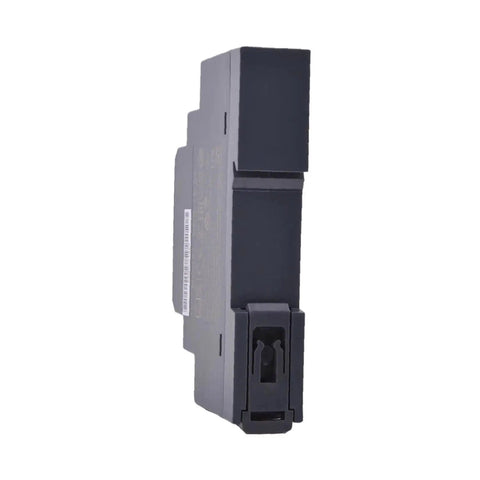 Ultra Slim DIN Rail Power Supply 24V 15W Compact Cabinet Adapter side view with secure mounting for easy installation.