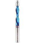 Carbide flush trim router bit with blue spiral fluted design for clean cuts, ideal for woodworking projects. Kick Your Woodworking To The Next Level With This Flush Trim Router Bit That Delivers Crisp Clean Cuts While Slashing Chipping And Delivering Smooth Spirals For All Your Trimming Projects Across Various Materials Today.