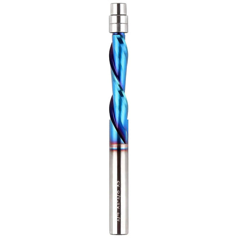 Carbide flush trim router bit with blue spiral fluted design for clean cuts, ideal for woodworking projects. Kick Your Woodworking To The Next Level With This Flush Trim Router Bit That Delivers Crisp Clean Cuts While Slashing Chipping And Delivering Smooth Spirals For All Your Trimming Projects Across Various Materials Today.