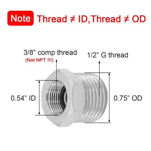 Brass reducer fitting (front view), 1/2 G male to 3/8 compression female thread, nickel-plated plumbing adapter, 2-pack