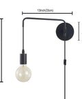 Set Of 2 Plug In Wall Sconces In Metal Black With Swing Arm And On Off Switch Cozy Vintage Industrial Wall Lighting, dimensions shown